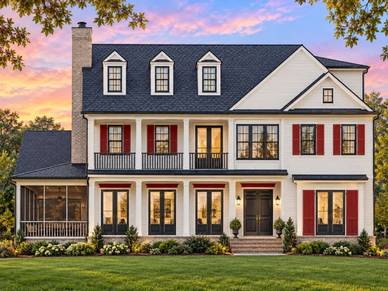 Front elevation of a Colonial style home featuring red brick exterior, white trim, black shutters, and a covered Southern porch