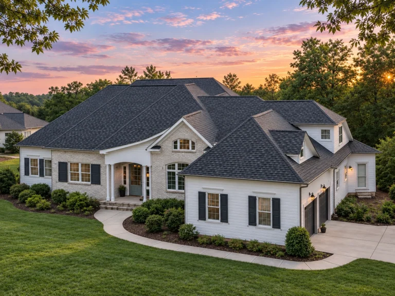 Front elevation of a Traditional New American style house featuring brick and horizontal siding, shuttered windows, and a welcoming covered entry