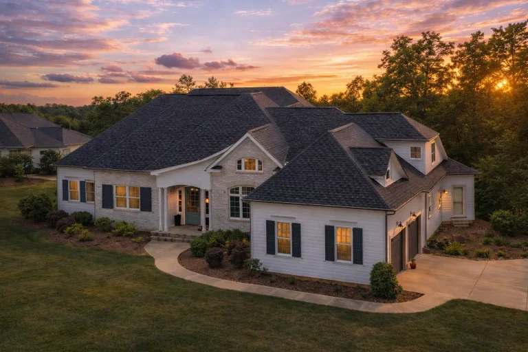 Front elevation of a Traditional New American style house featuring brick and horizontal siding, shuttered windows, and a welcoming covered entry