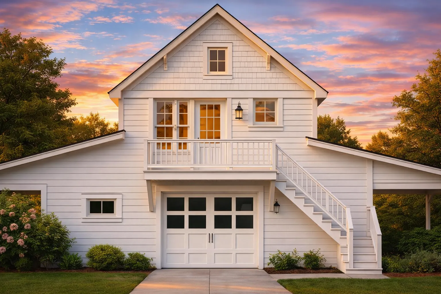 Front view of a Carriage House style garage apartment featuring gray lap siding, shingle gable accents, and bold red and yellow trim with upper balcony and exterior staircase