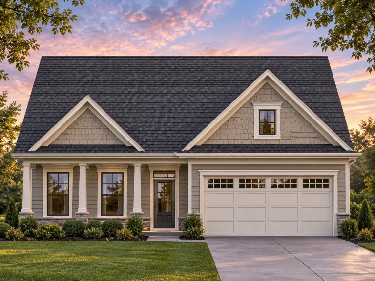 Front elevation of a Traditional Cape Cod home with horizontal siding, stone accents, black shutters, and a two-car garage