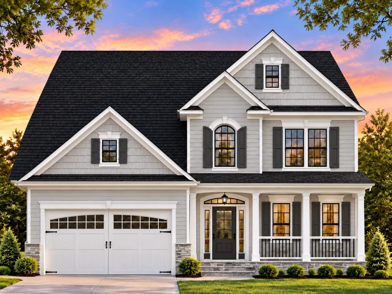 Front elevation of a New American Colonial style home with shingle siding, lap siding, covered porch, and symmetrical windows