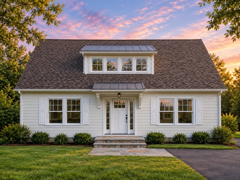 Front elevation of a Cape Cod Cottage featuring navy blue horizontal siding, red-trimmed windows, and a steep roofline surrounded by trees.