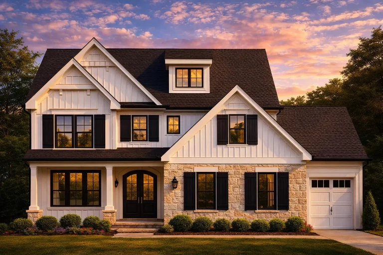 Front elevation of a Modern Farmhouse New American style home featuring board and batten siding, stone accents, black windows, and an attached garage