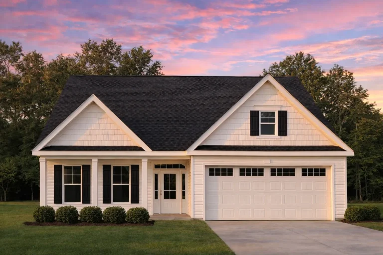 Front elevation of a Traditional Cape Cod home with horizontal siding, stone accents, black shutters, and a two-car garage