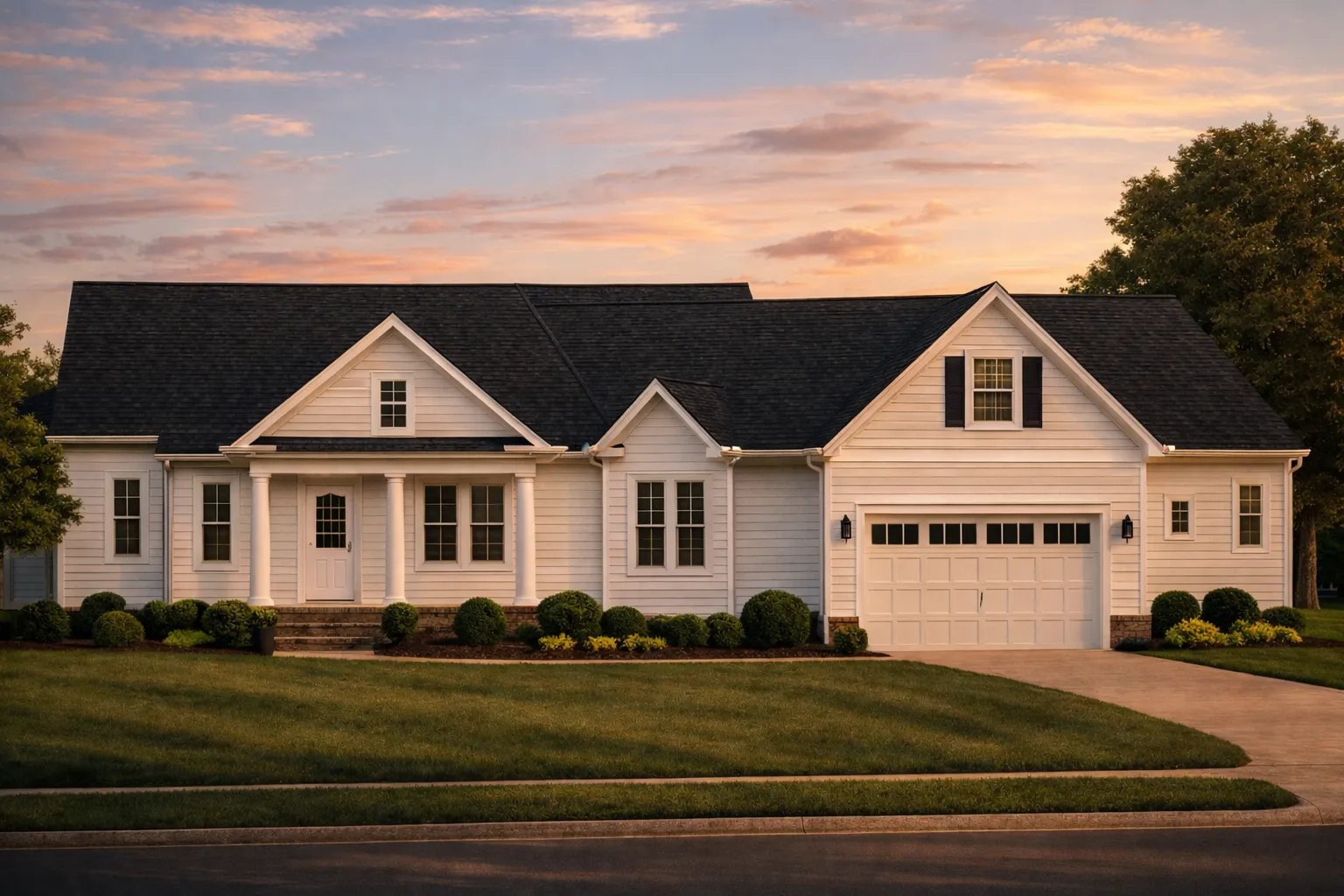 House Plans 29 Front exterior view of a modern farmhouse ranch-style home with white horizontal siding, black roof, symmetrical gables, and attached two-car garage