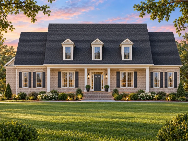 Front view of a Colonial Cape Cod style home featuring a full-width porch, red brick exterior, black shutters, and three dormers across a dark shingled roof.