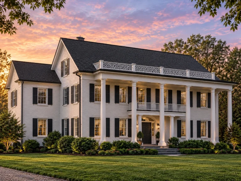 Front exterior view of a Classical Southern Neo-Classical home with white painted siding, full-height columns, and symmetrical Colonial façade