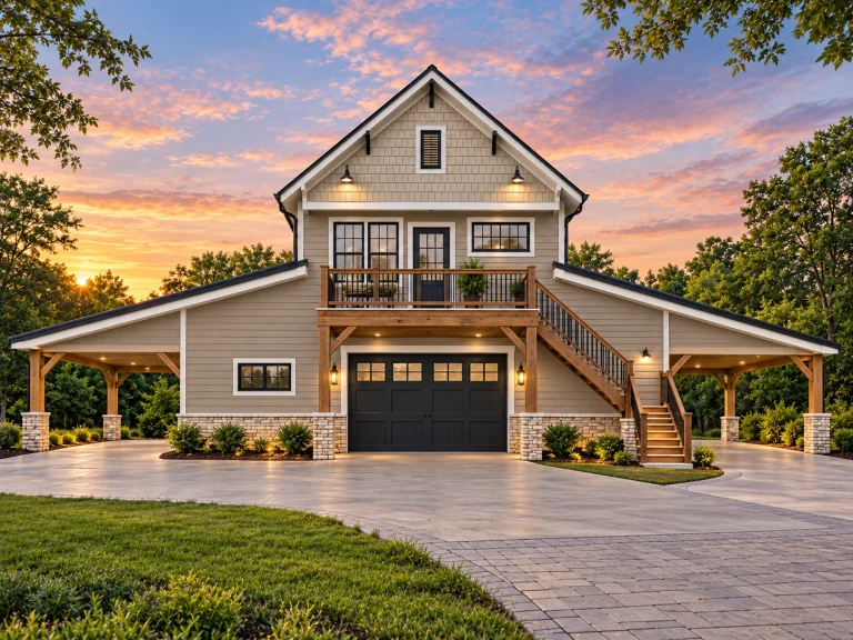 House Plans with Outdoor Kitchen 4 Front view of a Carriage House style garage apartment featuring gray lap siding, shingle gable accents, and bold red and yellow trim with upper balcony and exterior staircase