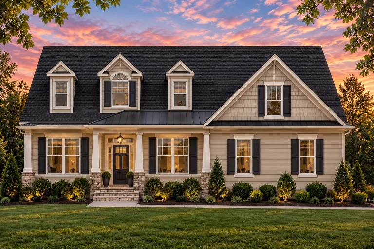 Front elevation of Cape Cod style home with white horizontal lap siding, steep gable roof, dormers, and symmetrical windows
