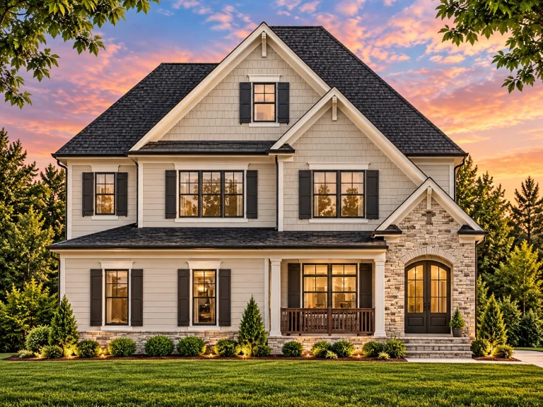 Front elevation of Traditional Colonial home with horizontal lap siding, stone entry accent, shutters, and covered front porch