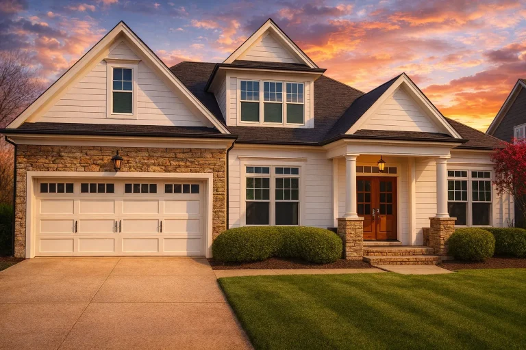 Transitional House Plans 5 Front elevation of a Traditional Craftsman ranch home with brick and stone exterior, gabled rooflines, and covered porch entry