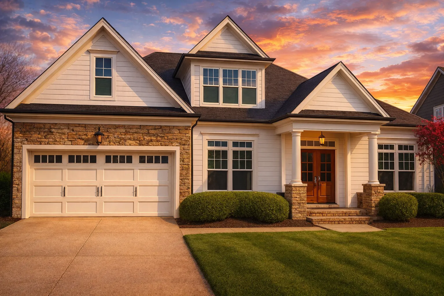 Front elevation of a Traditional Craftsman ranch home with brick and stone exterior, gabled rooflines, and covered porch entry