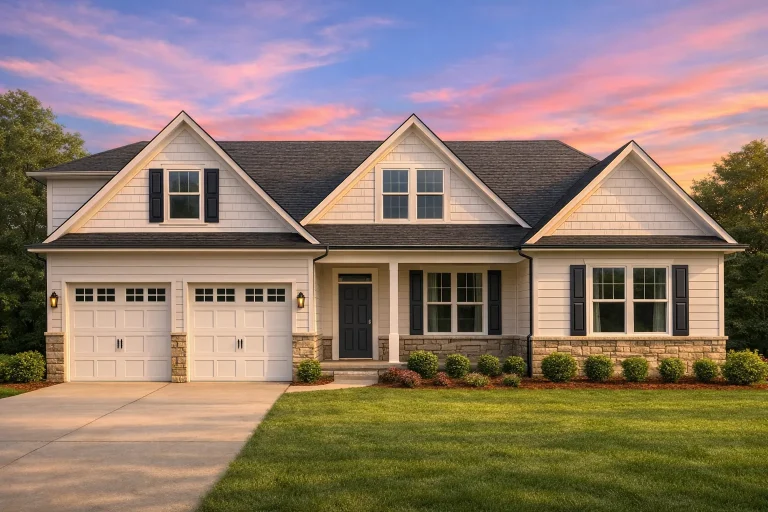 Front elevation of a New American modern traditional ranch home with stone veneer, horizontal siding, gable rooflines, and covered entry porch