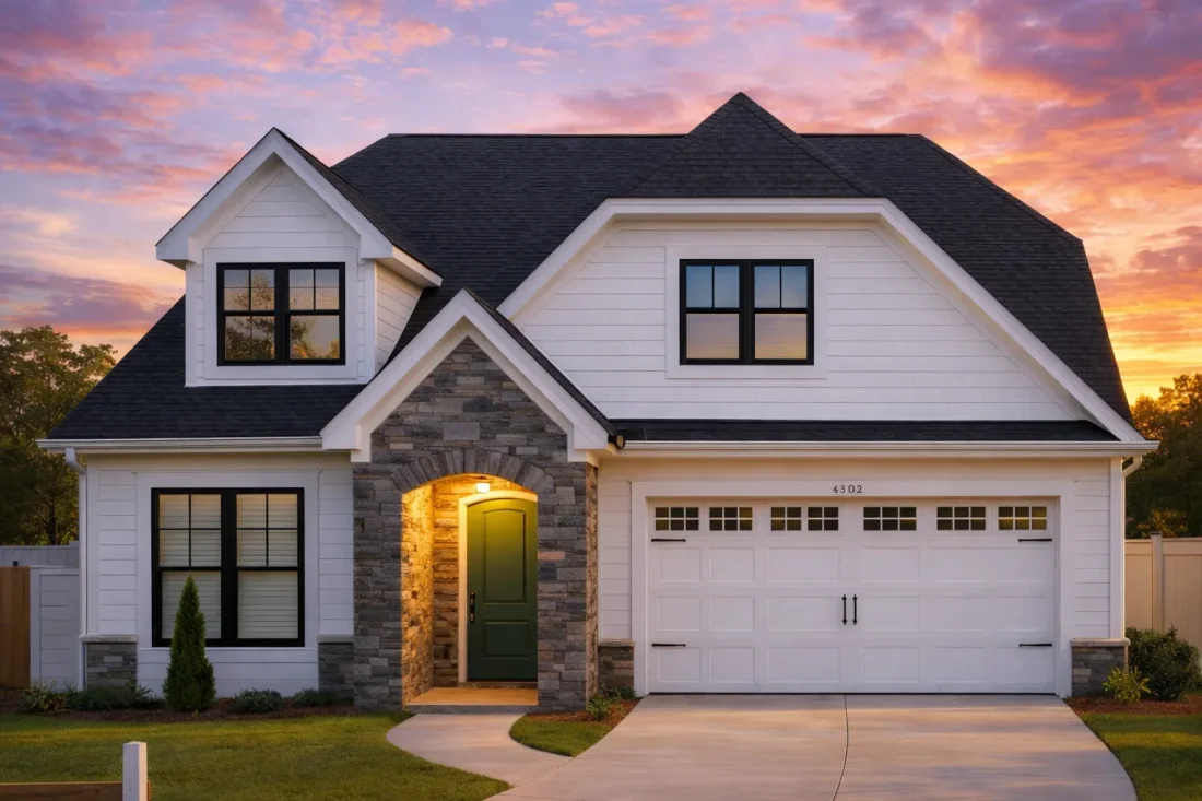 Front elevation of a New American modern traditional home with horizontal lap siding, stone veneer entry, dormer windows, and a 2-car garage