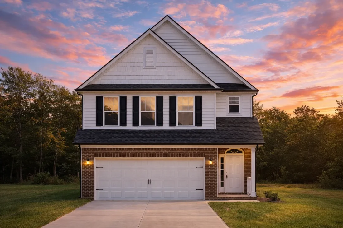 Front elevation of a two-story Traditional Transitional style home featuring brick and board and batten siding, gable roof, and double garage
