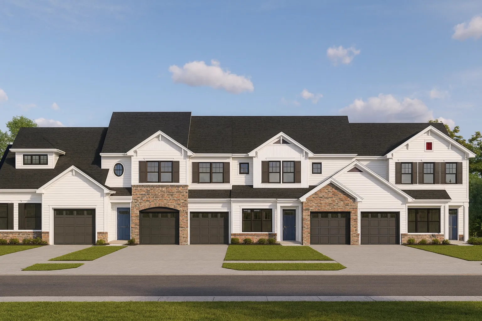 Front elevation of Modern Farmhouse and New American style townhomes featuring board and batten siding, horizontal siding, stone accents, and dark trim