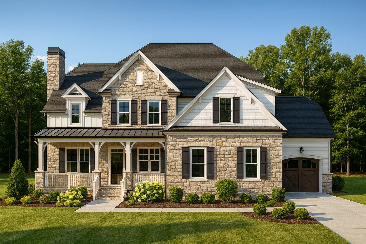 Front elevation of a Traditional New American house featuring stone exterior, board and batten siding, shake accents, and a welcoming covered porch