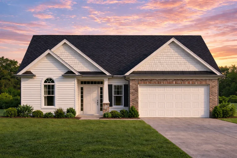 House Plans 24 Front elevation of a Traditional Suburban Ranch style home featuring brick siding, board and batten gable accents, and a dark metal-look roof