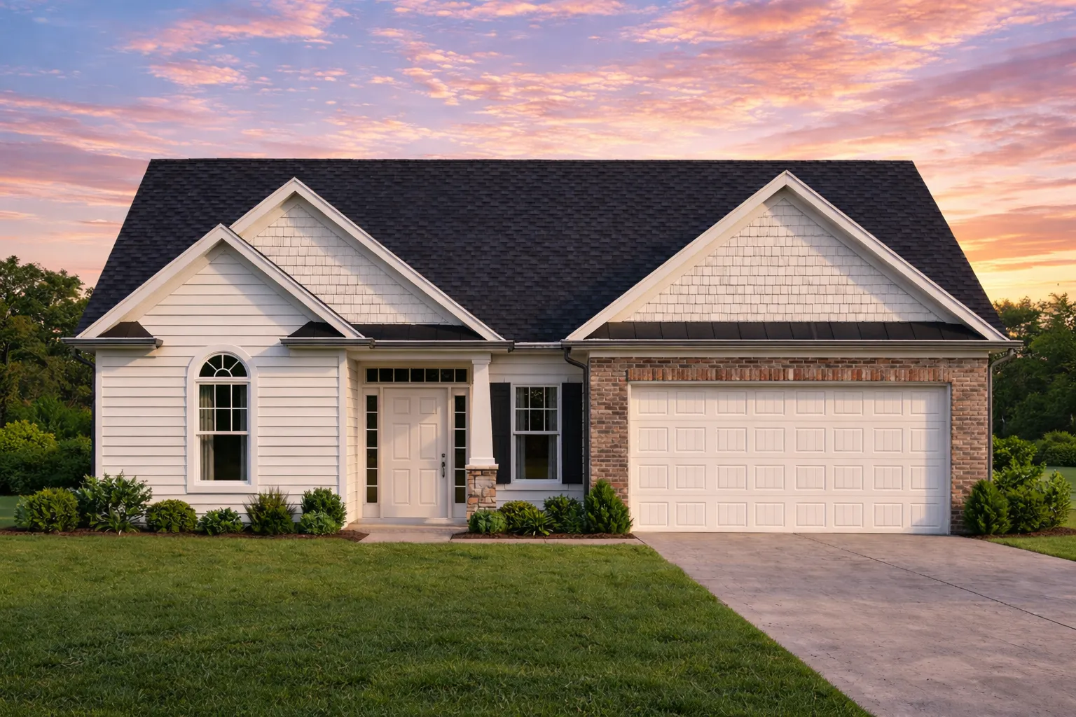 Front elevation of a Traditional Suburban Ranch style home featuring brick siding, board and batten gable accents, and a dark metal-look roof