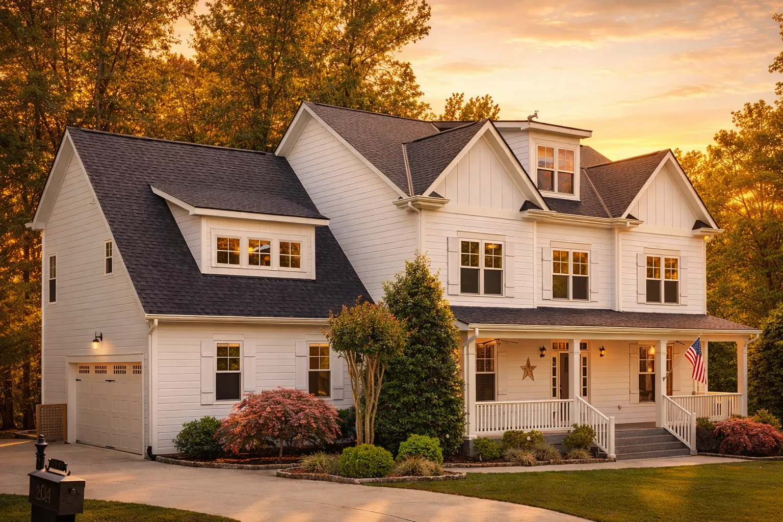 Front elevation of a Modern Farmhouse style home featuring board and batten siding, covered front porch, gabled rooflines, and traditional detailing