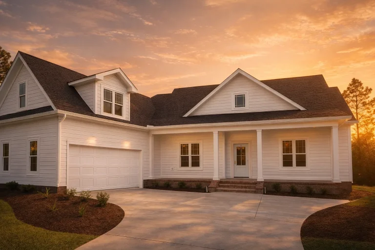 Front elevation of Modern Farmhouse style home with white horizontal lap siding, gabled rooflines, and covered front porch at sunset
