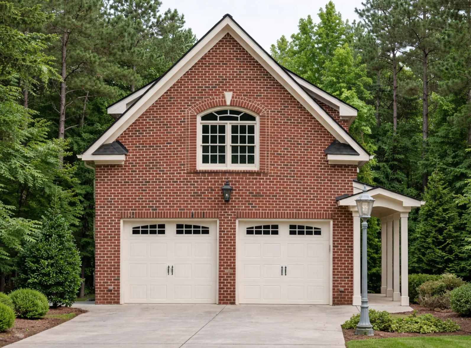 Front elevation of a Modern Farmhouse carriage house featuring board-and-batten siding, arched upper window, and two wood-style garage doors