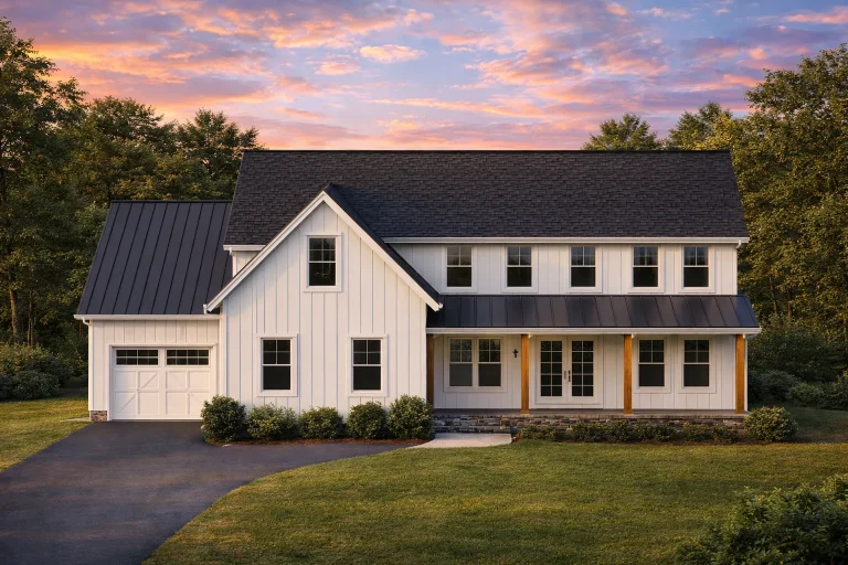 Front elevation of a Modern Farmhouse style home with white board and batten siding, stone accents, black standing seam metal roof, and covered porch
