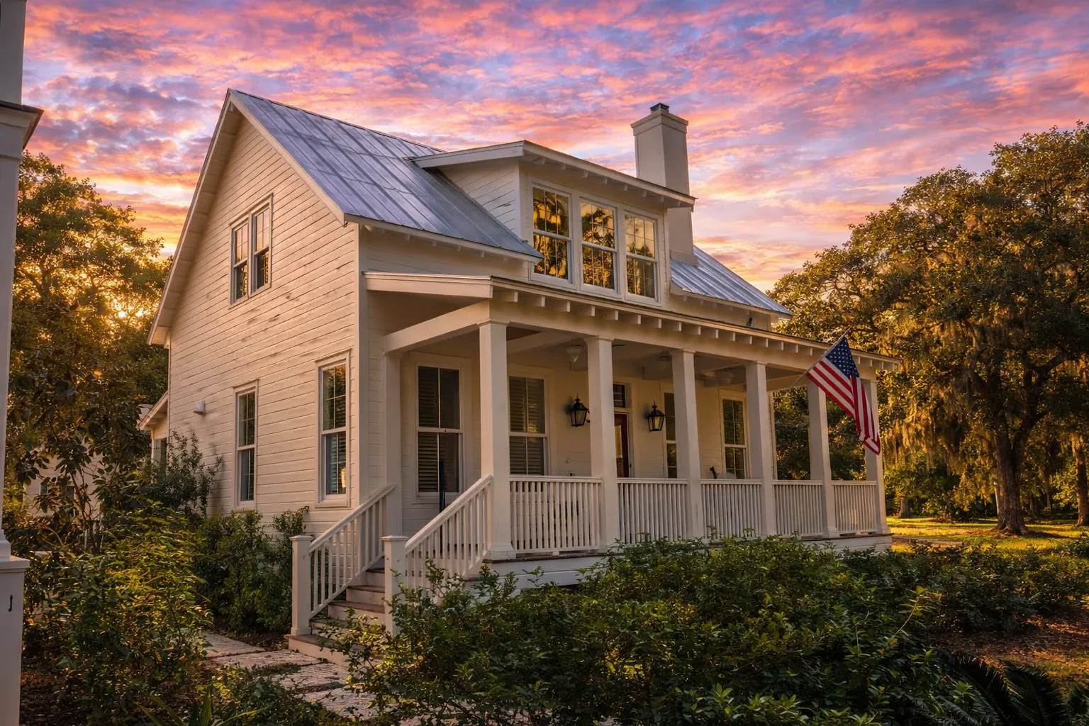 Front view of Modern Farmhouse style home featuring white siding, brick base, dark roof, and inviting covered porch with columns