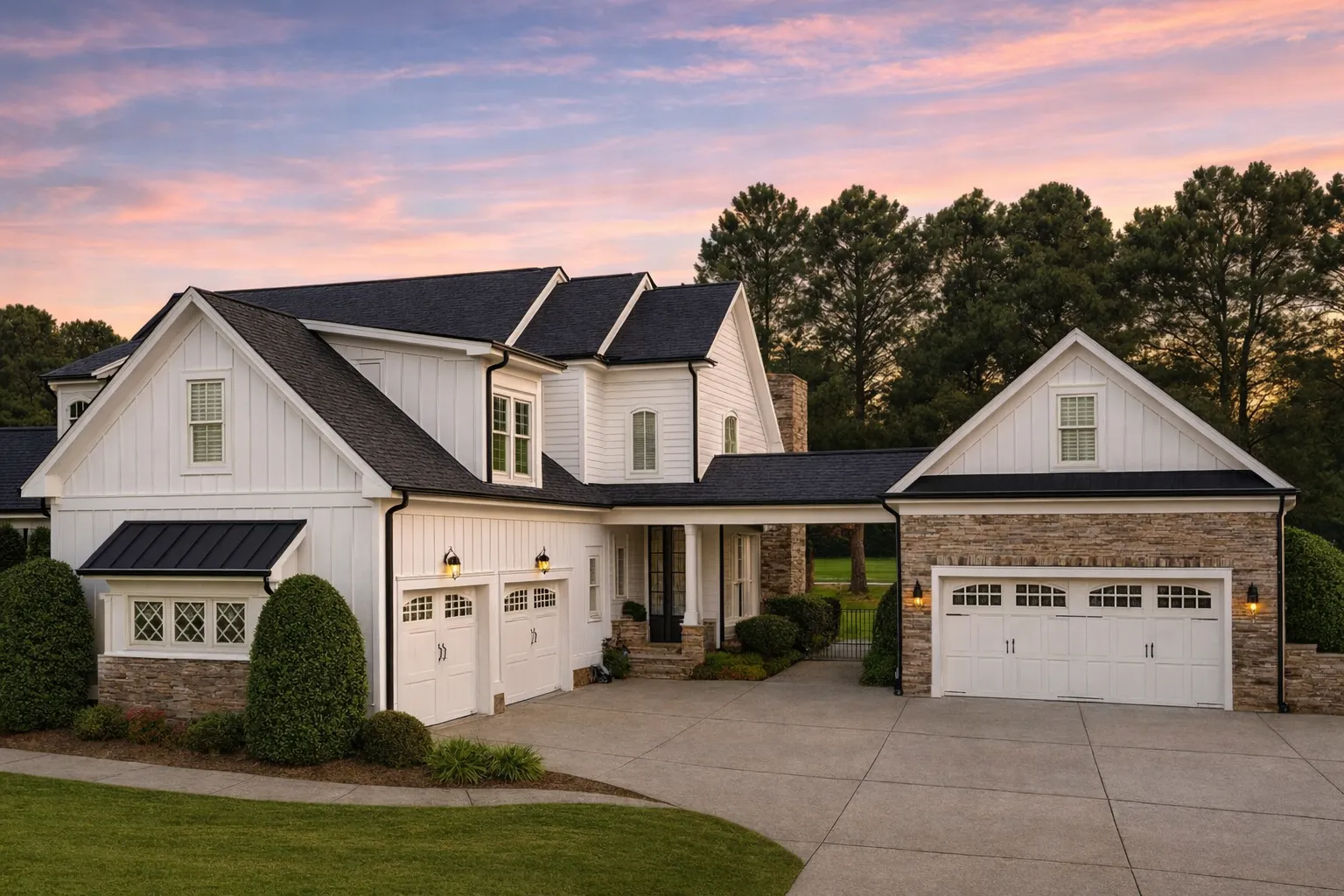 Front exterior view of a New American style luxury suburban home featuring brick and stone accents, board-and-batten siding, and multiple garages