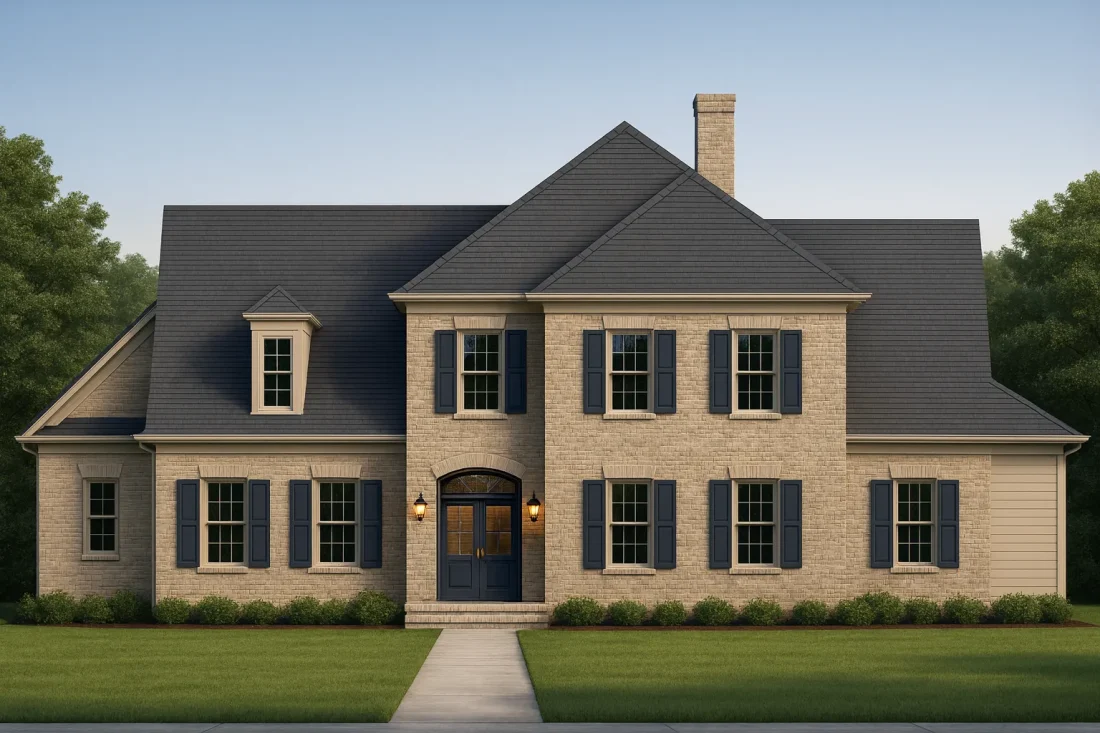 Front elevation of a Traditional Colonial Georgian-style home featuring a full brick exterior, symmetrical windows, and classic architectural detailing