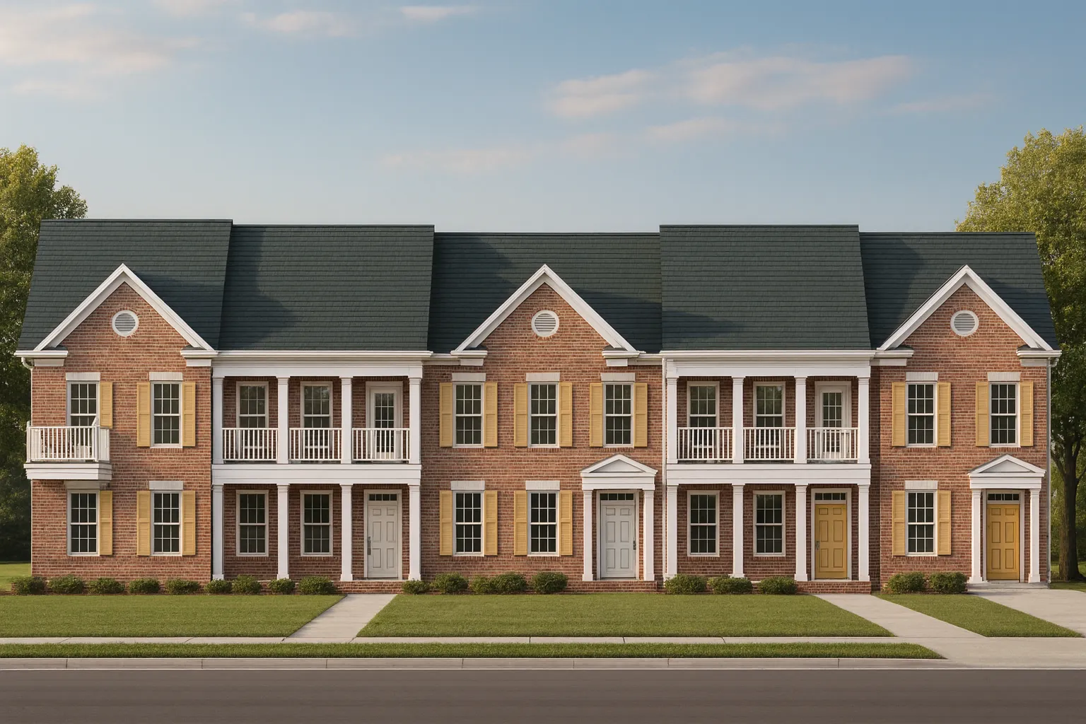 Second Floor Master Bedroom House Plans 5 2b) Front view of a 5-unit Colonial Revival townhome featuring white horizontal siding, black shutters, and symmetrical dual porches