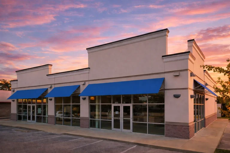 Front elevation of contemporary commercial building with smooth stucco walls, brick wainscot base, blue awnings, and glass storefront entry