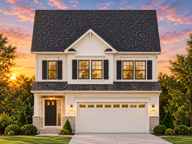 Cottage House Plans 8 Front view of a Traditional Colonial style home featuring beige horizontal siding, red shutters, and a single-car garage with a covered porch entry