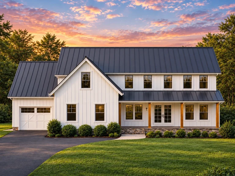 Front elevation of a Modern Farmhouse style home with white board and batten siding, stone accents, black standing seam metal roof, and covered porch