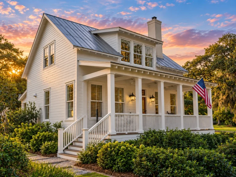 Front view of Modern Farmhouse style home featuring white siding, brick base, dark roof, and inviting covered porch with columns