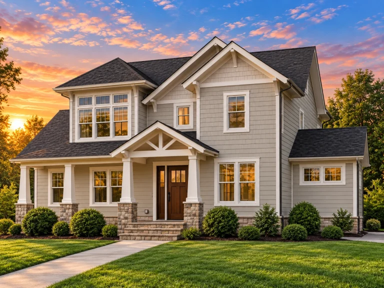 Front exterior of a New American Craftsman style home featuring shingle siding, stone porch piers, gabled rooflines, and covered entry