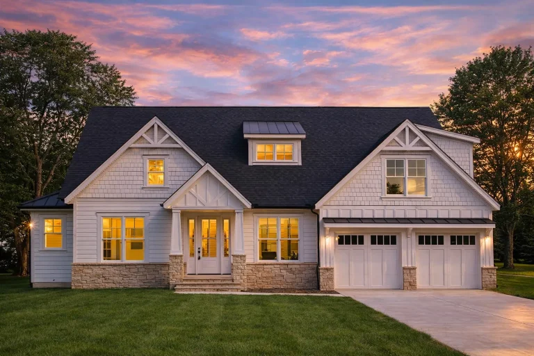 Front elevation of a Craftsman style home featuring horizontal siding, shingle accents, stone columns, and an attached two-car garage
