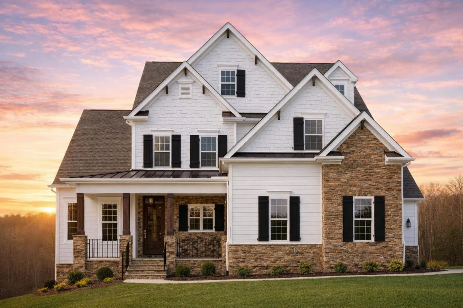 Front exterior of a New American Modern Traditional house featuring stone veneer, horizontal siding, gabled rooflines, shutters, and a welcoming covered porch