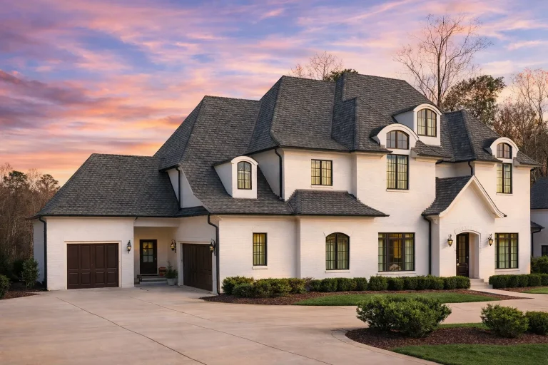 Front view of a French Country style house showcasing a full brick exterior, arched dormers, and steep gable rooflines with refined European detailing