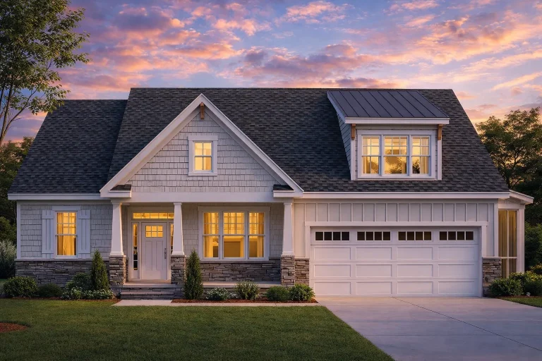Front elevation of a New American Craftsman style home with board and batten siding, stone accents, gabled rooflines, and welcoming front porch