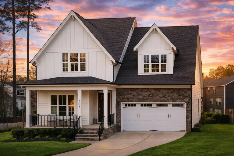 Front elevation of a modern farmhouse style home with white board and batten siding, black windows, steep gabled roof, and attached two car garage