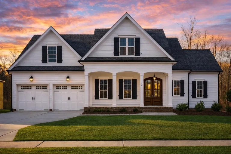 Front elevation of a New American Colonial style home with brick exterior, symmetrical windows, gabled rooflines, and covered front porch