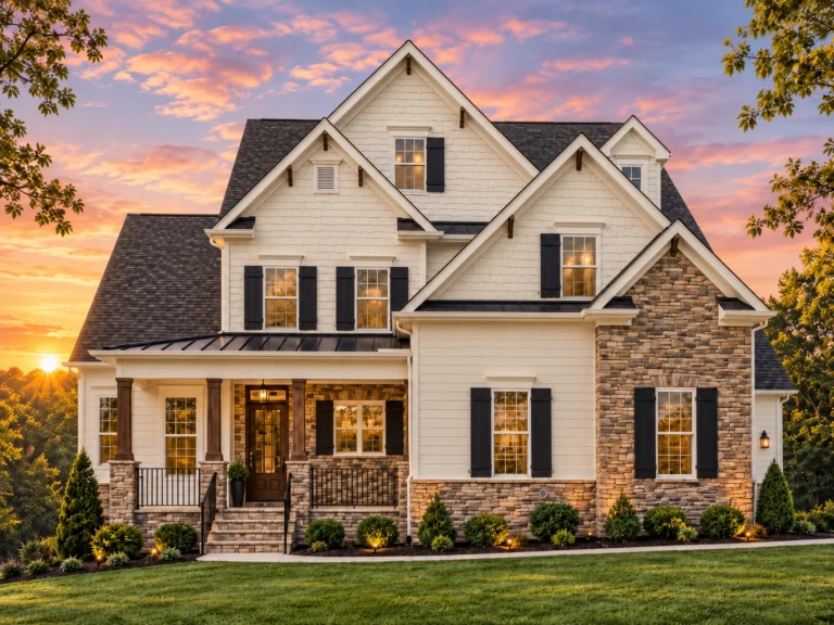 Front exterior of a New American Modern Traditional house featuring stone veneer, horizontal siding, gabled rooflines, shutters, and a welcoming covered porch