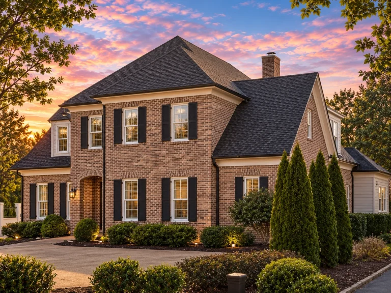 House Plans with Spacious Laundry Room 9 Front elevation of a Traditional Colonial style brick home with symmetrical windows, black shutters, and a centered entry