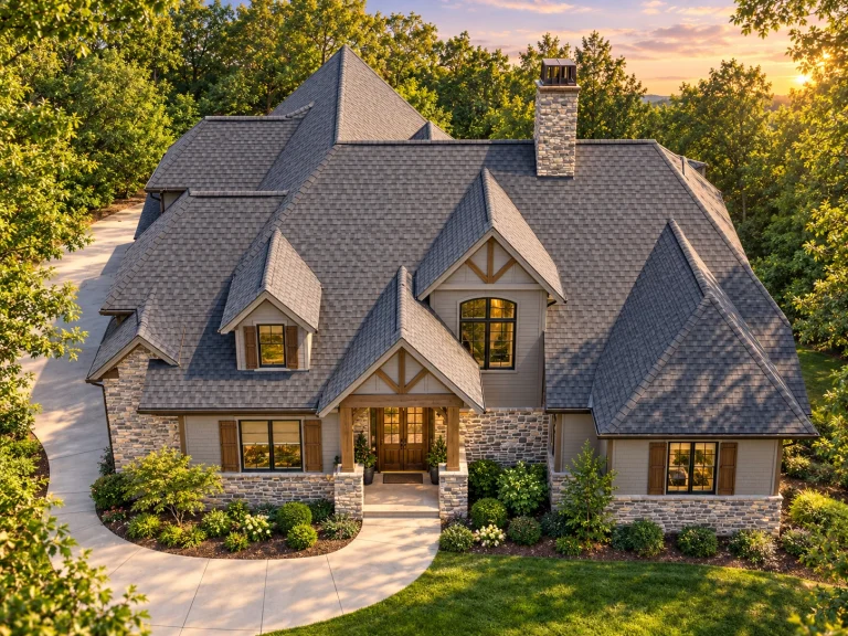 Front elevation of a New American modern traditional house featuring stone veneer, horizontal siding, steep gabled rooflines, and a welcoming covered entry