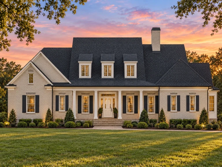House Plans with Spacious Laundry Room 12 Front elevation of Colonial Revival brick home with symmetrical design, gabled dormers, shutters, and central covered entry