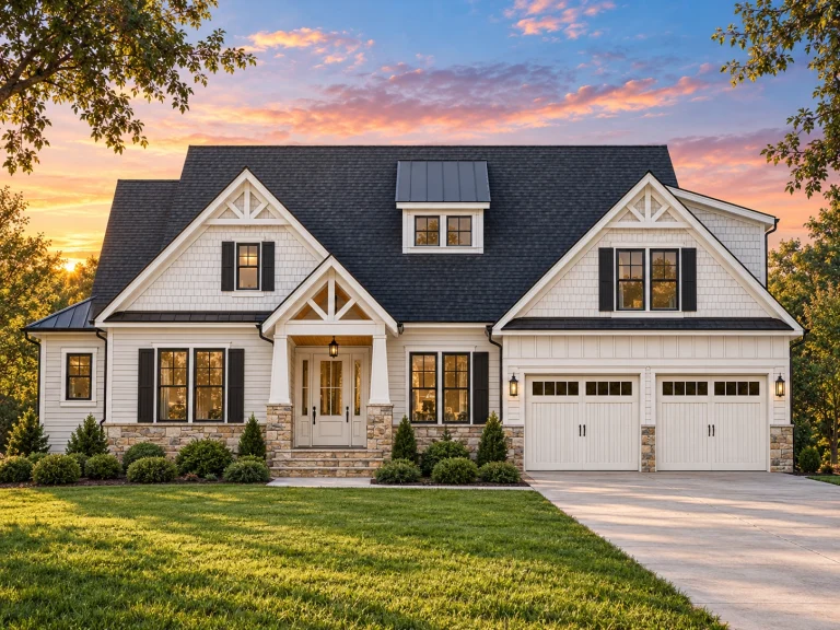 Front elevation of a Craftsman style home featuring horizontal siding, shingle accents, stone columns, and an attached two-car garage