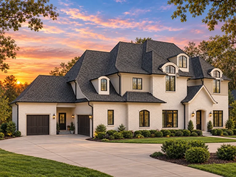 Front view of a French Country style house showcasing a full brick exterior, arched dormers, and steep gable rooflines with refined European detailing