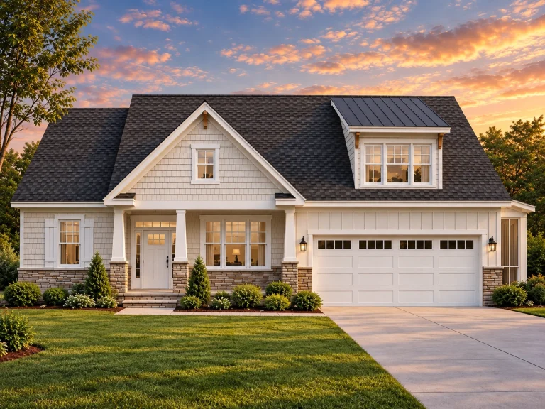 Front elevation of a New American Craftsman style home with board and batten siding, stone accents, gabled rooflines, and welcoming front porch